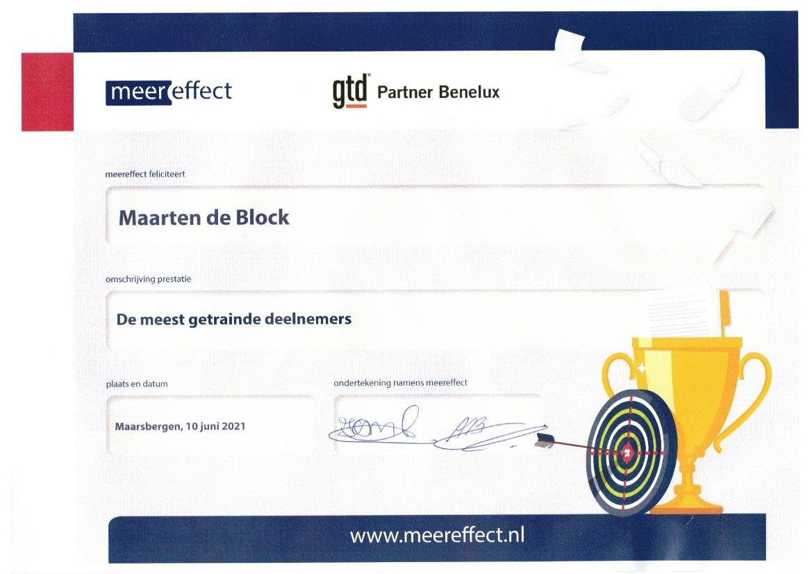 Certificaat meest getrainde deelnemers - Maarten De Block